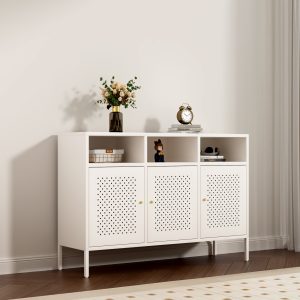 Modern White Steel Storage Cabinet – 3-Door with Ventilated Design & Open Shelves | Living Room & Entryway Organizer
