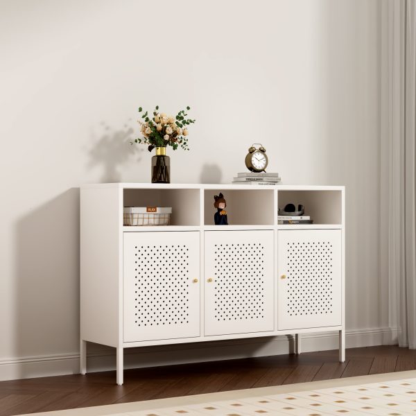 Modern White Steel Storage Cabinet – 3-Door with Ventilated Design & Open Shelves | Living Room & Entryway Organizer
