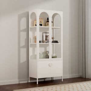 Modern White Arch Display Cabinet – Glass & Solid Door Storage for Living Room & Kitchen Decor