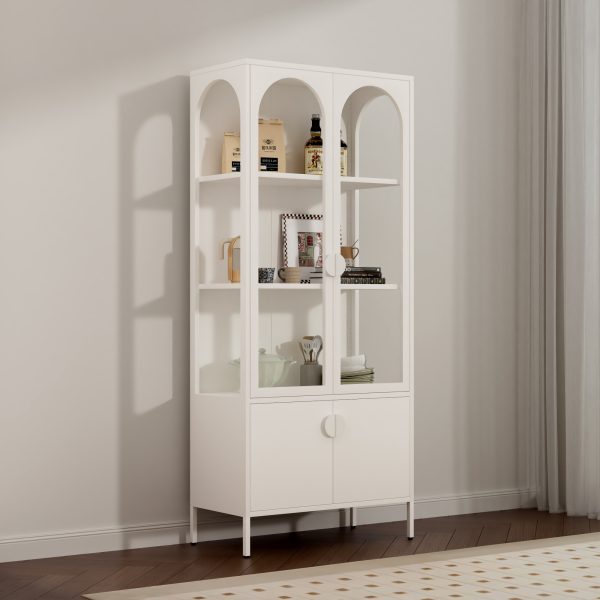 Modern White Arch Display Cabinet – Glass & Solid Door Storage for Living Room & Kitchen Decor