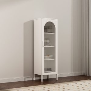 Modern White Arched Glass-Door Cabinet – Minimalist Storage with Semi-Transparent Display