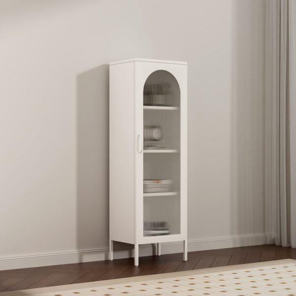 Modern White Arched Glass-Door Cabinet – Minimalist Storage with Semi-Transparent Display