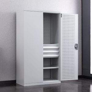 Combination Metal multifunction industrial tool cabinet gray knock down adjustable shelves with pegboard and three drawers tool cabinet