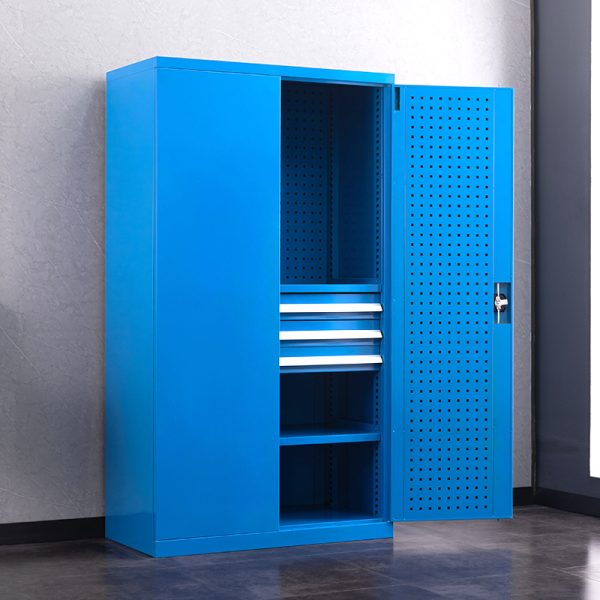 Combination Metal multifunction industrial tool cabinet gray knock down adjustable shelves with pegboard and three drawers tool cabinet - 图片 2