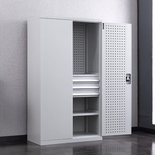 Combination Metal multifunction industrial tool cabinet gray knock down adjustable shelves with pegboard and three drawers tool cabinet