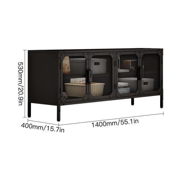 Modern Stylish Black Metal Mesh Door TV Cabinet Wooden Countertop with 4-Door Storage Solution - 图片 2