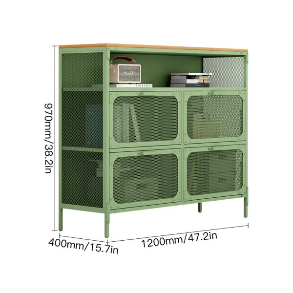 Industrial-Style Metal Mesh Storage Cabinet Multi-Compartment Organizer Wooden Top for Home Office Retail Display Living Room - 图片 2
