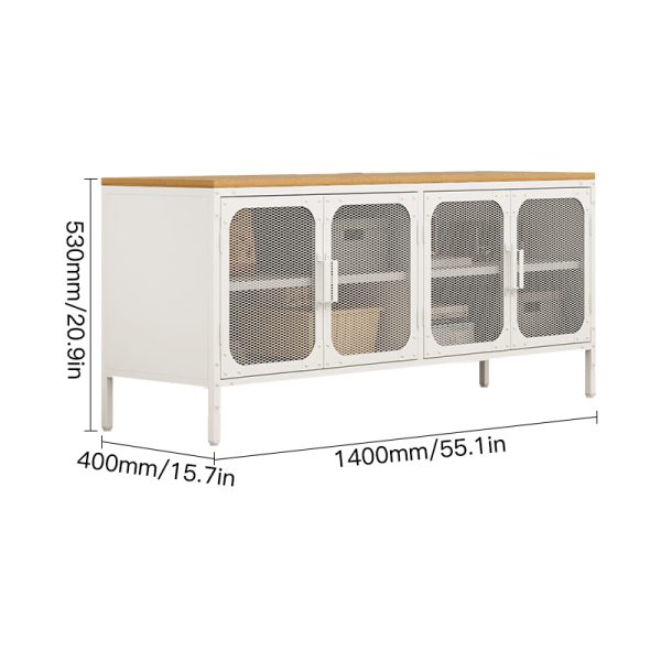 White Finish 4-Door Mesh Metal Storage Cabinet with Wooden Top for Home Office Organization Living Room Cabinets - 图片 2