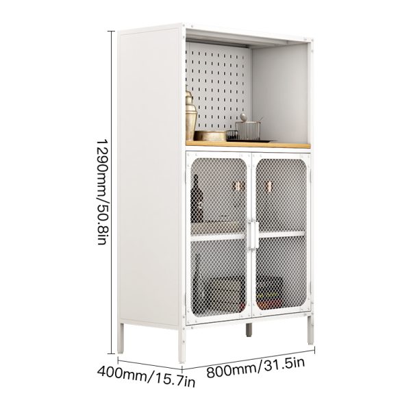 Industrial White Metal Storage Cabinet Wooden Shelf Mesh Doors Multi-Functional Organizer for Home Office for Living Room Use - 图片 2