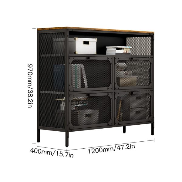 Rustic Metal - Wood Storage Unit with Mesh Doors 4 - Compartment Lockable Cabinet for Living Room & Studio Organization - 图片 2