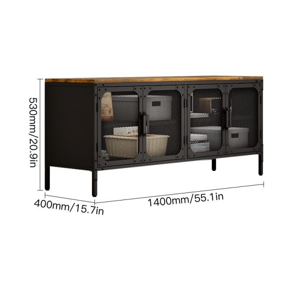 Black Metal Mesh Door TV Cabinet Wooden Countertop 4-Door Storage Solution for Office Files Home Essentials Stylish Living Room - 图片 2