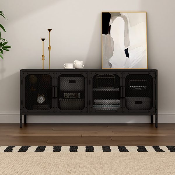 Modern Stylish Black Metal Mesh Door TV Cabinet Wooden Countertop with 4-Door Storage Solution - 图片 3