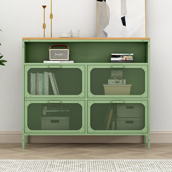Industrial-Style Metal Mesh Storage Cabinet Multi-Compartment Organizer Wooden Top for Home Office Retail Display Living Room - 图片 3