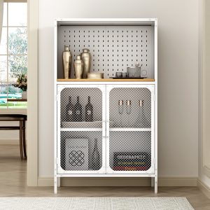 Industrial White Metal Storage Cabinet Wooden Shelf Mesh Doors Multi-Functional Organizer for Home Office for Living Room Use