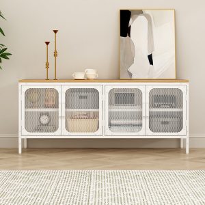 White Finish 4-Door Mesh Metal Storage Cabinet with Wooden Top for Home Office Organization Living Room Cabinets