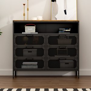 Multi-Functional Wooden Top Organizer with Lockable Compartments Metal Mesh Storage Cabinet for Garage Studio & Living Room Use