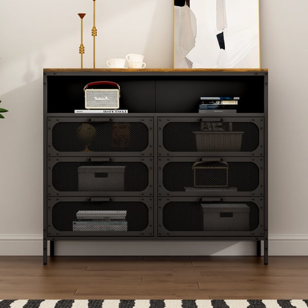 Multi-Functional Wooden Top Organizer with Lockable Compartments Metal Mesh Storage Cabinet for Garage Studio & Living Room Use