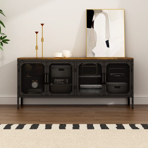Black Metal Mesh Door TV Cabinet Wooden Countertop 4-Door Storage Solution for Office Files Home Essentials Stylish Living Room - 图片 3