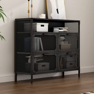 Stylish Black Steel Home Locker Storage Cabinet with Elegant Mesh Door for Living Room or Hotel Furniture Use