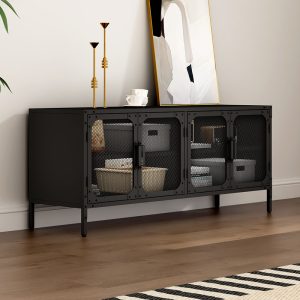 Modern Stylish Black Metal Mesh Door TV Cabinet Wooden Countertop with 4-Door Storage Solution