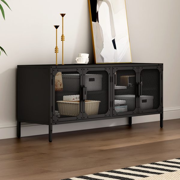 Modern Stylish Black Metal Mesh Door TV Cabinet Wooden Countertop with 4-Door Storage Solution