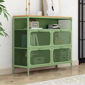 Industrial-Style Metal Mesh Storage Cabinet Multi-Compartment Organizer Wooden Top for Home Office Retail Display Living Room