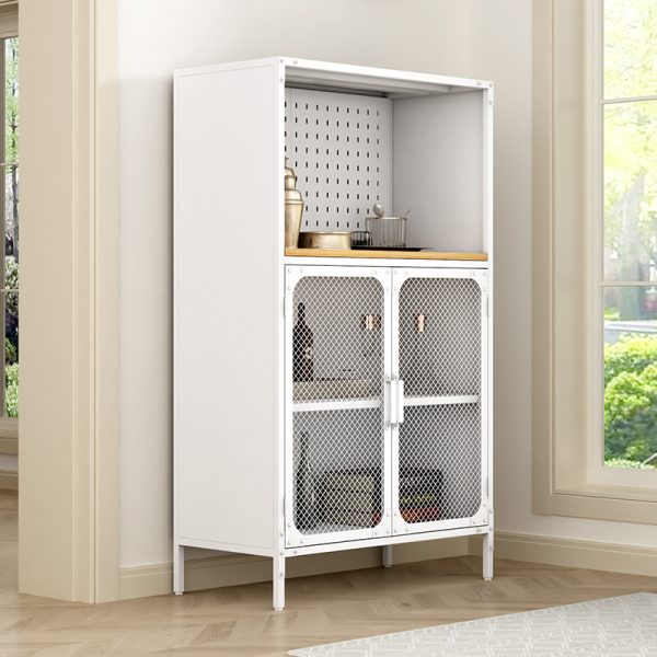 Industrial White Metal Storage Cabinet Wooden Shelf Mesh Doors Multi-Functional Organizer for Home Office for Living Room Use - 图片 3