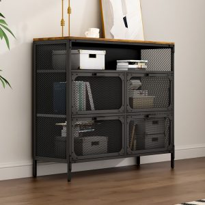 Rustic Metal - Wood Storage Unit with Mesh Doors 4 - Compartment Lockable Cabinet for Living Room & Studio Organization