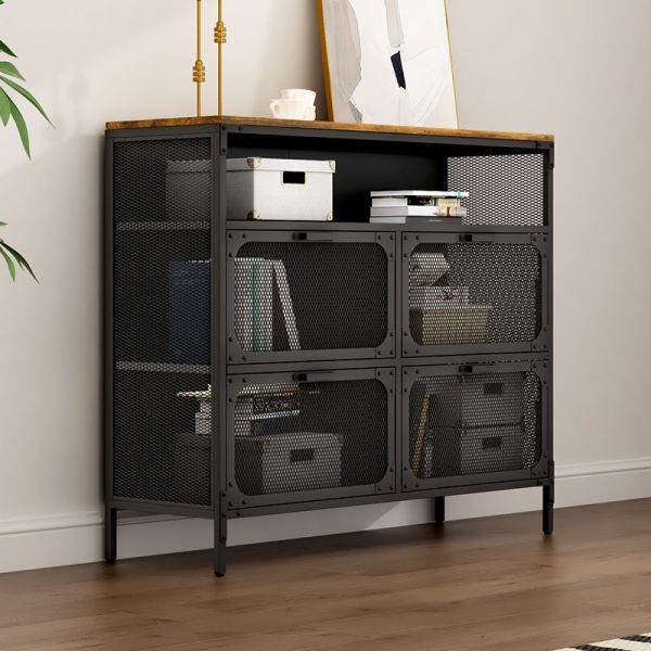 Rustic Metal - Wood Storage Unit with Mesh Doors 4 - Compartment Lockable Cabinet for Living Room & Studio Organization
