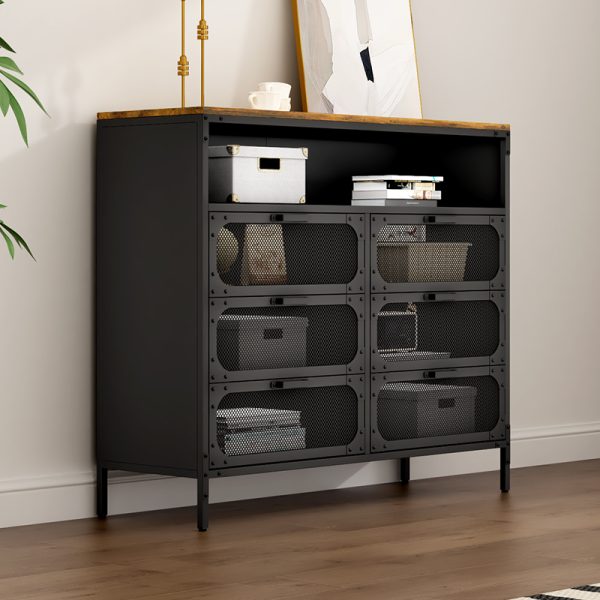 Multi-Functional Wooden Top Organizer with Lockable Compartments Metal Mesh Storage Cabinet for Garage Studio & Living Room Use - 图片 3