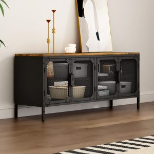 Black Metal Mesh Door TV Cabinet Wooden Countertop 4-Door Storage Solution for Office Files Home Essentials Stylish Living Room