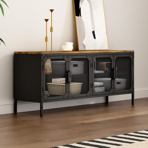 Black Metal Mesh Door TV Cabinet Wooden Countertop 4-Door Storage Solution for Office Files Home Essentials Stylish Living Room